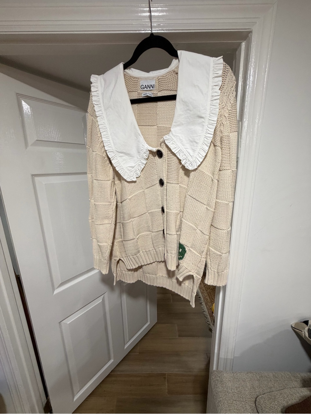 Ganni Cream Knit Cardigan With White Ruffle Collar